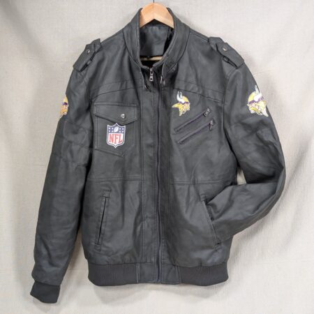 Minnesota Vikings NFL Faux Leather Moto Jacket Size Large Team Logos Zip Pockets