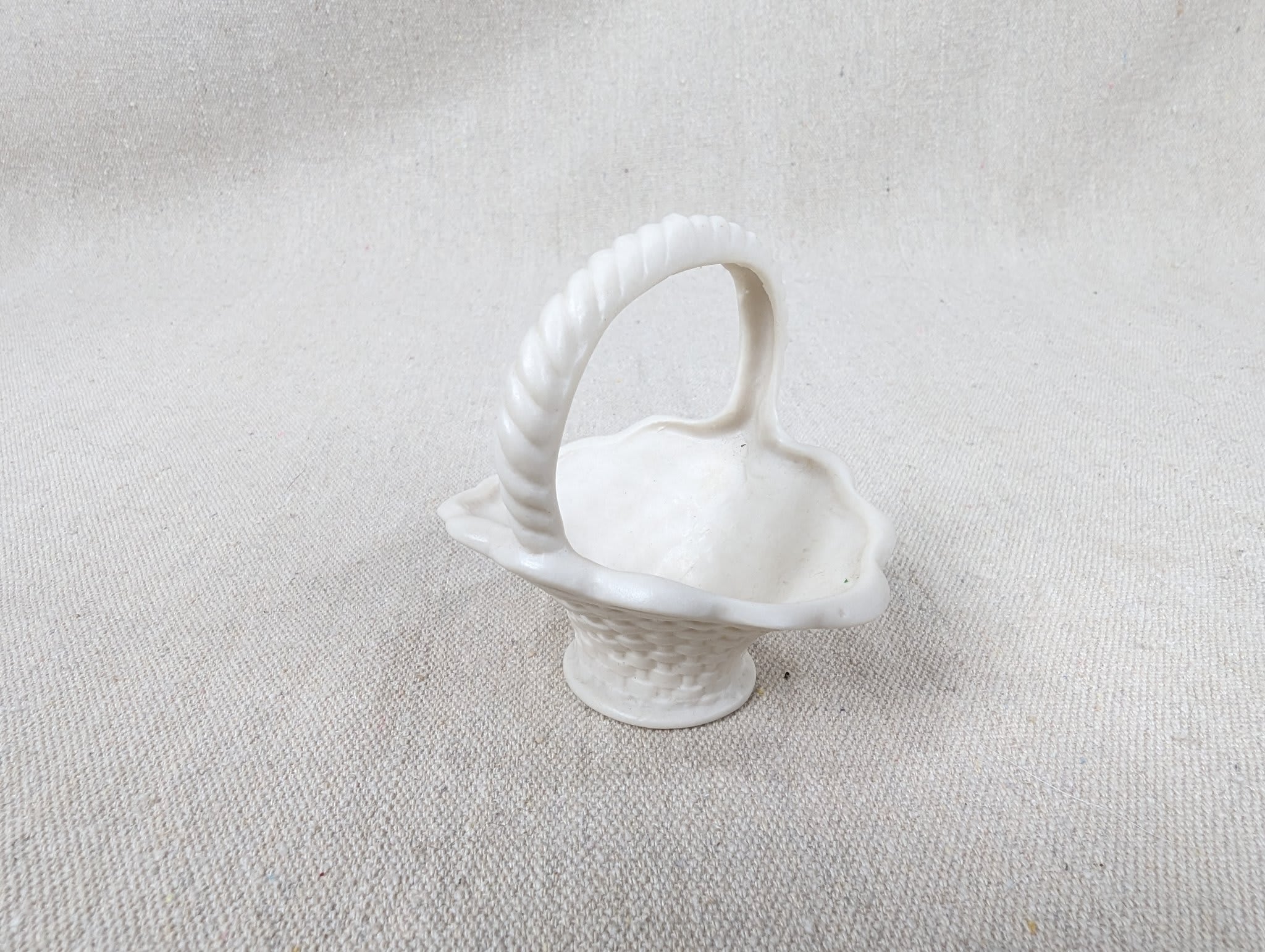Vintage Miniature Porcelain Basket White Basket-Weave Rope-Twist Handle Decor