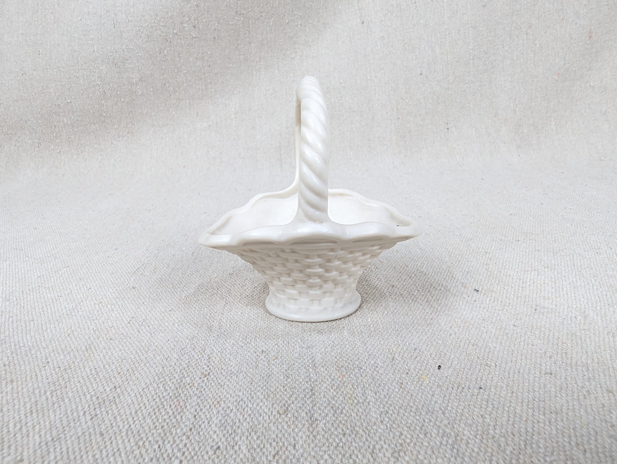 Vintage Miniature Porcelain Basket White Basket-Weave Rope-Twist Handle Decor - Image 2
