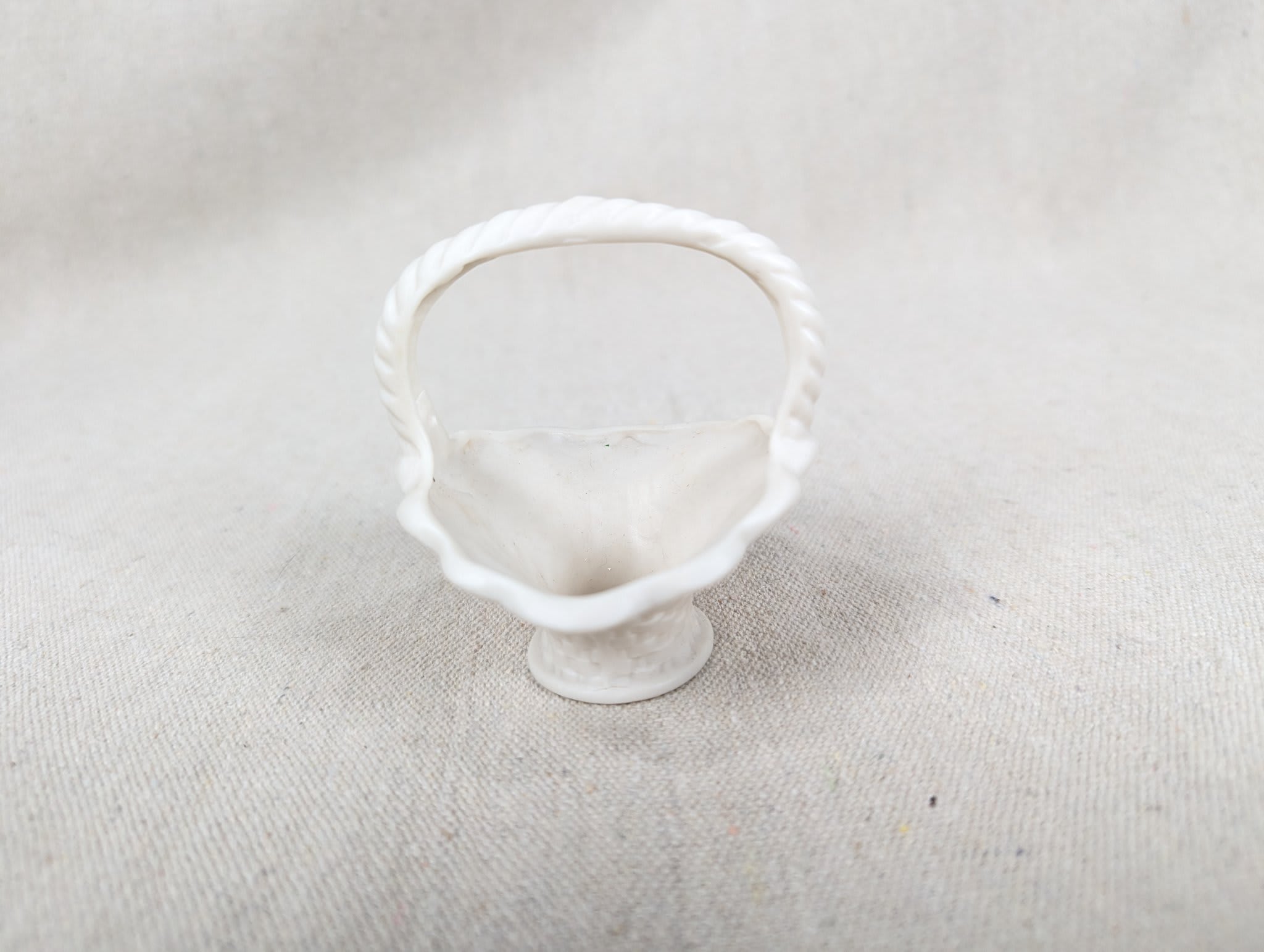 Vintage Miniature Porcelain Basket White Basket-Weave Rope-Twist Handle Decor - Image 3