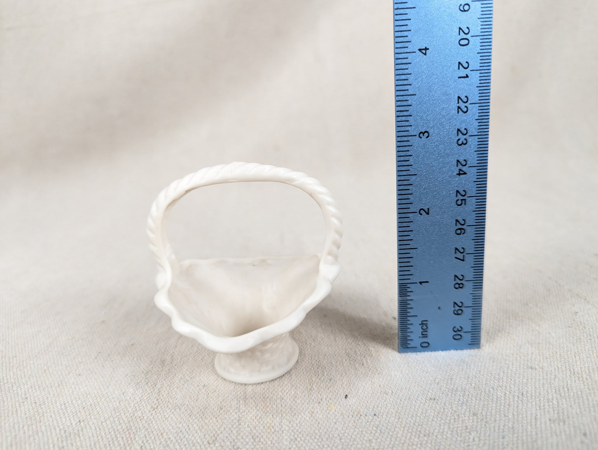 Vintage Miniature Porcelain Basket White Basket-Weave Rope-Twist Handle Decor - Image 7
