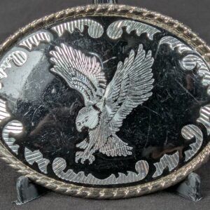 Vintage Oval Belt Buckle Silver-Tone Eagle Motif Black Enamel Rope Border 3.5in