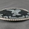 1000058582_USZ2ef_iqbrw4.jpg Vintage Oval Belt Buckle Silver-Tone Eagle Motif Black Enamel Rope Border 3.5in