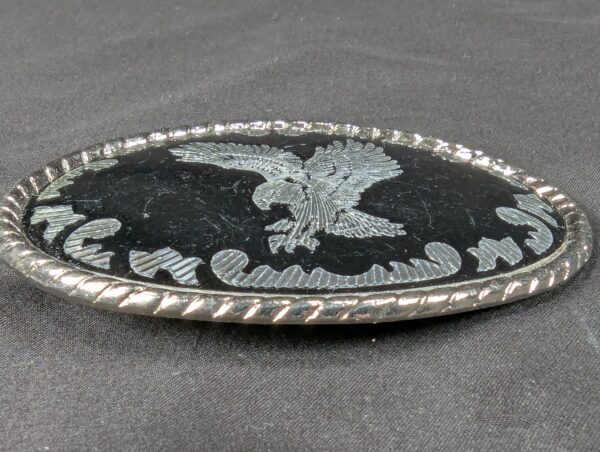 1000058582_USZ2ef_iqbrw4.jpg Vintage Oval Belt Buckle Silver-Tone Eagle Motif Black Enamel Rope Border 3.5in