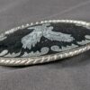 1000058584_CrAfD9_wzmdiy.jpg Vintage Oval Belt Buckle Silver-Tone Eagle Motif Black Enamel Rope Border 3.5in