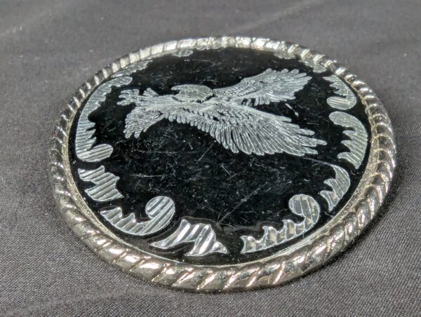 1000058585_jFaefk_lhm4su.jpg Vintage Oval Belt Buckle Silver-Tone Eagle Motif Black Enamel Rope Border 3.5in