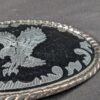 1000058587_f7CSUm_roeps7.jpg Vintage Oval Belt Buckle Silver-Tone Eagle Motif Black Enamel Rope Border 3.5in