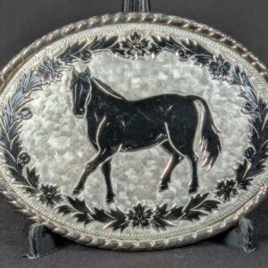 Vintage 1970s Western Belt Buckle Silver Tone Horse Motif Rope Border USA Made