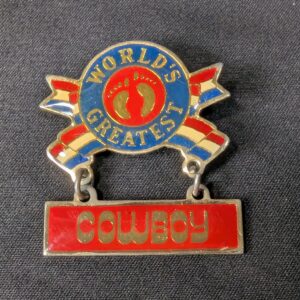 Vintage 1981 Hang Ten World's Greatest Cowboy Enamel Pin Red White Blue Logo