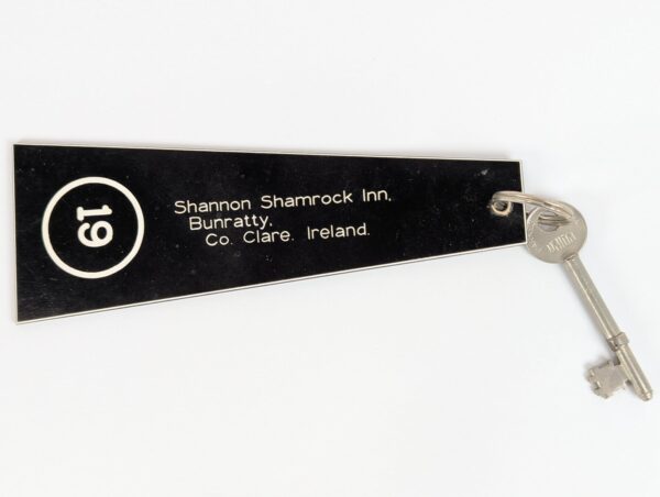Vintage Hotel Skeleton Key and Black Plastic Fob Shannon Shamrock Ireland