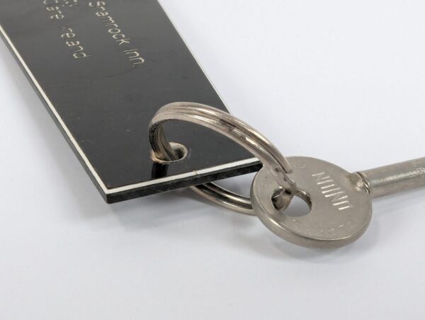 Vintage Hotel Skeleton Key and Black Plastic Fob Shannon Shamrock Ireland