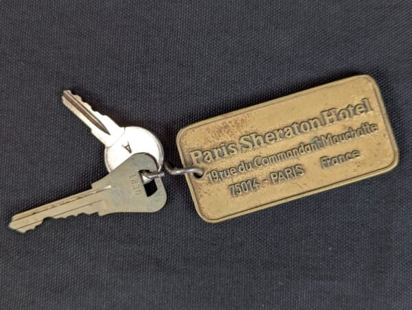 Paris Sheraton Hotel Metal Room Key and Brass Fob 19 rue du Commandant Mouchotte