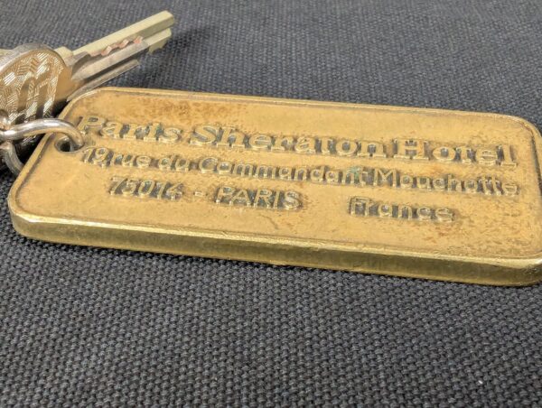 Paris Sheraton Hotel Metal Room Key and Brass Fob 19 rue du Commandant Mouchotte