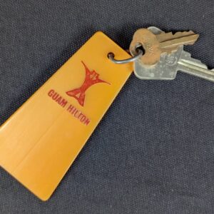 Vintage Guam Hilton Hotel Room Key and Plastic Tag Set 739 Orange Silver Brass