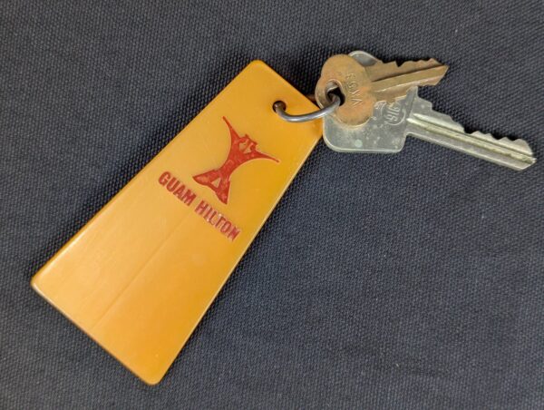 Vintage Guam Hilton Hotel Room Key and Plastic Tag Set 739 Orange Silver Brass