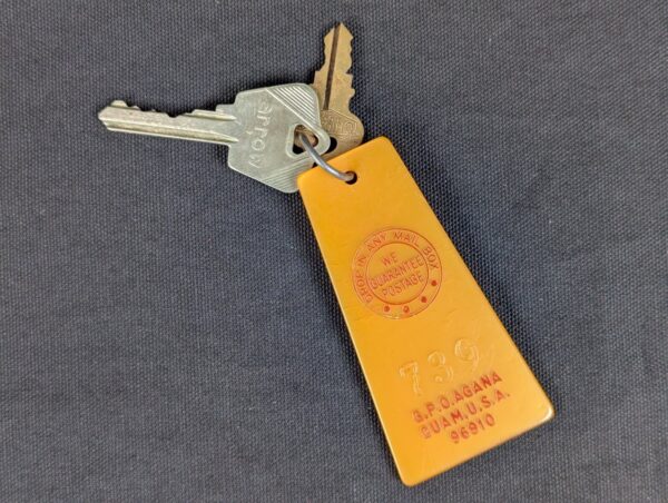 Vintage Guam Hilton Hotel Room Key and Plastic Tag Set 739 Orange Silver Brass