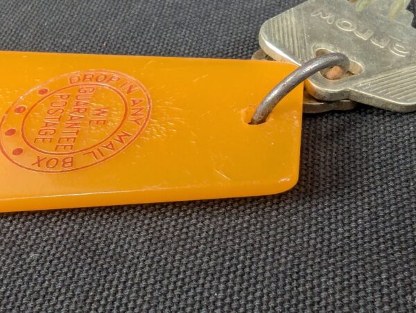 Vintage Guam Hilton Hotel Room Key and Plastic Tag Set 739 Orange Silver Brass