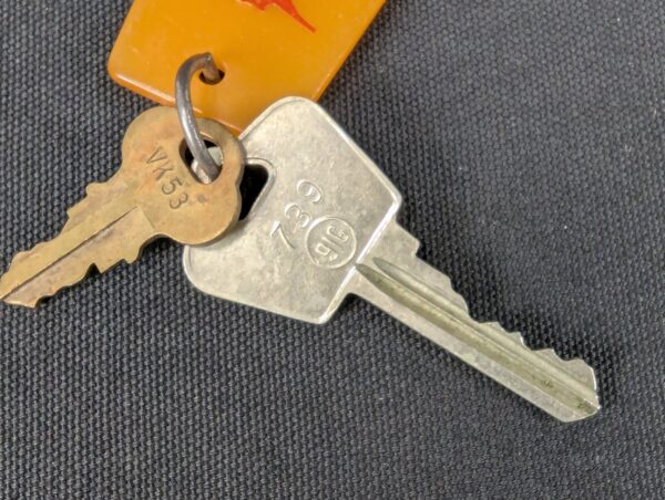 Vintage Guam Hilton Hotel Room Key and Plastic Tag Set 739 Orange Silver Brass