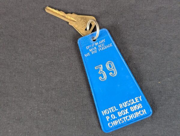 Vintage Hotel Russley Christchurch Room Key Fob 39 Blue Gold Permark Signs NZ