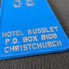 Vintage Hotel Russley Christchurch Room Key Fob 39 Blue Gold Permark Signs NZ