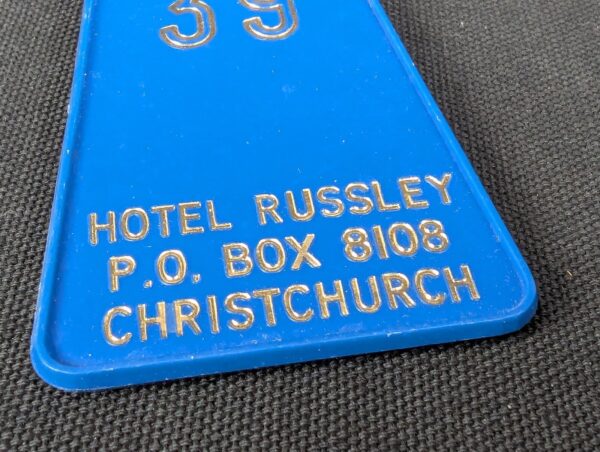 Vintage Hotel Russley Christchurch Room Key Fob 39 Blue Gold Permark Signs NZ