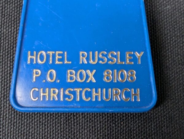 Vintage Hotel Russley Christchurch Room Key Fob 39 Blue Gold Permark Signs NZ