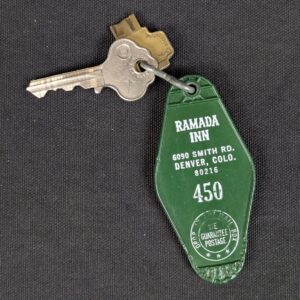 Vintage Ramada Inn Hotel Room Key and Plastic Fob Denver Colorado Mid-Century