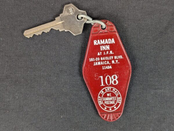 Vintage Ramada Inn Hotel Room Key & Plastic Fob JFK Jamaica NY 108 Taylor USA