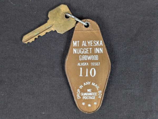 Vintage Hotel Room Key and Fob Mt Alyeska Nugget Inn Girdwood Alaska 110 Brass