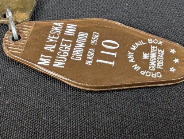 Vintage Hotel Room Key and Fob Mt Alyeska Nugget Inn Girdwood Alaska 110 Brass
