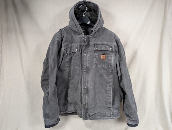 p1-159.jpg Carhartt Jacket Mens XL Bartlett Sherpa Lined Gray Full Zip Faded Hooded Work
