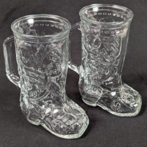 PAIR of Vintage Cowboy Boot Shaped Glass Mugs 6” Barware Western Design Mexico