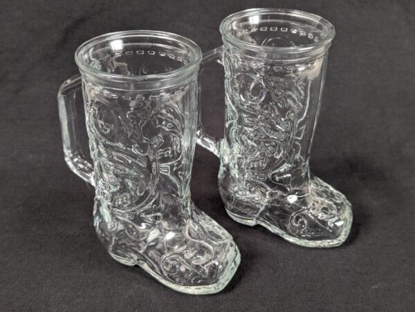 PAIR of Vintage Cowboy Boot Shaped Glass Mugs 6” Barware Western Design Mexico