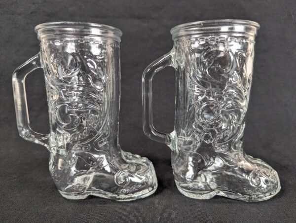 PAIR of Vintage Cowboy Boot Shaped Glass Mugs 6” Barware Western Design Mexico
