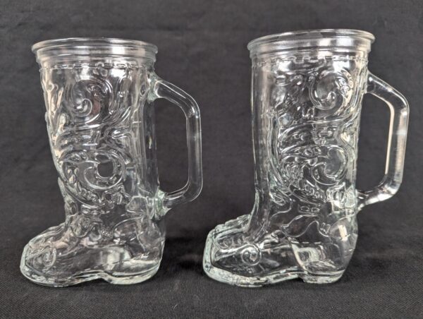 PAIR of Vintage Cowboy Boot Shaped Glass Mugs 6” Barware Western Design Mexico