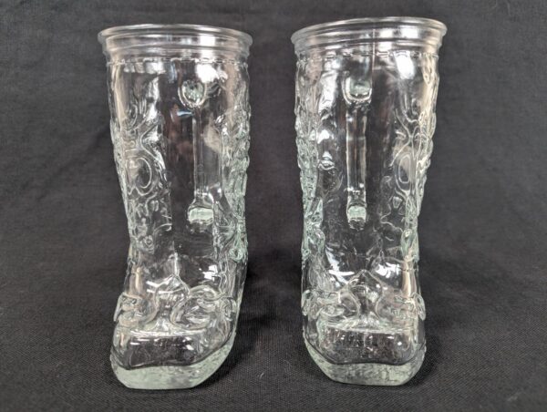 PAIR of Vintage Cowboy Boot Shaped Glass Mugs 6” Barware Western Design Mexico