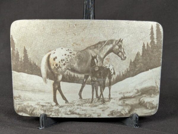 Vintage Perma-Tech Belt Buckle Appaloosa Mare and Foal Etched Aluminum 3.5 Inch