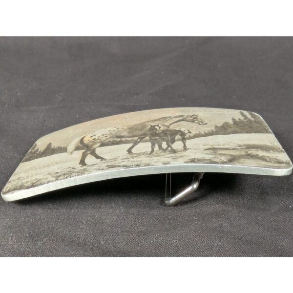 Vintage Perma-Tech Belt Buckle Appaloosa Mare and Foal Etched Aluminum 3.5 Inch