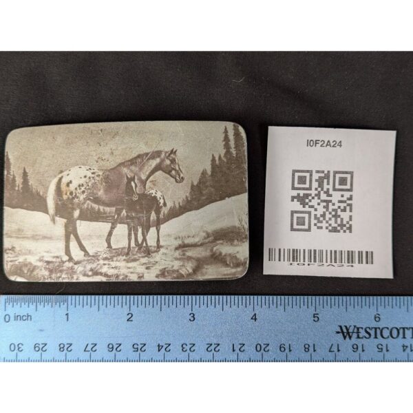 Vintage Perma-Tech Belt Buckle Appaloosa Mare and Foal Etched Aluminum 3.5 Inch
