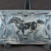 Vintage Chambers Belt Co. Belt Buckle Running Horse Design Geometric Border USA