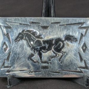 Vintage Chambers Belt Co. Belt Buckle Running Horse Design Geometric Border USA