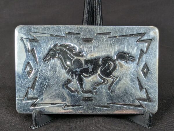 Vintage Chambers Belt Co. Belt Buckle Running Horse Design Geometric Border USA