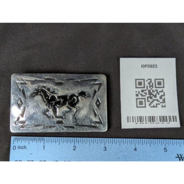 Vintage Chambers Belt Co. Belt Buckle Running Horse Design Geometric Border USA