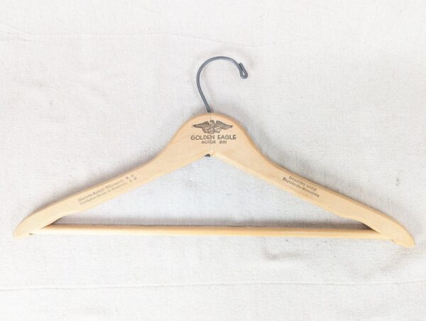 Vintage Wooden Clothes Hanger Golden Eagle Motor Inn Branded Hotel Collectible