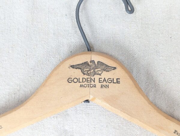 Vintage Wooden Clothes Hanger Golden Eagle Motor Inn Branded Hotel Collectible