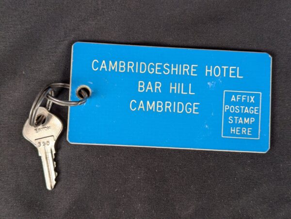 Vintage Cambridgeshire Hotel Bar Hill Room Key and Blue Eaton Identification Tag