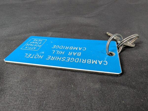 Vintage Cambridgeshire Hotel Bar Hill Room Key and Blue Eaton Identification Tag
