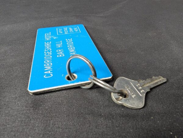 Vintage Cambridgeshire Hotel Bar Hill Room Key and Blue Eaton Identification Tag