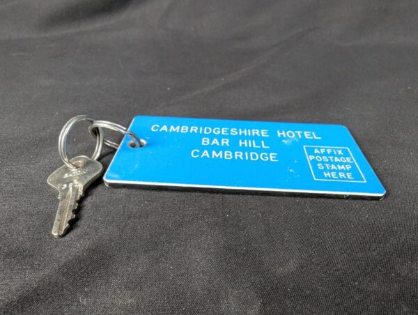 Vintage Cambridgeshire Hotel Bar Hill Room Key and Blue Eaton Identification Tag