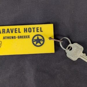 Vintage Caravel Hotel Athens Greece Room Key and Keychain Tag Metal and Plastic